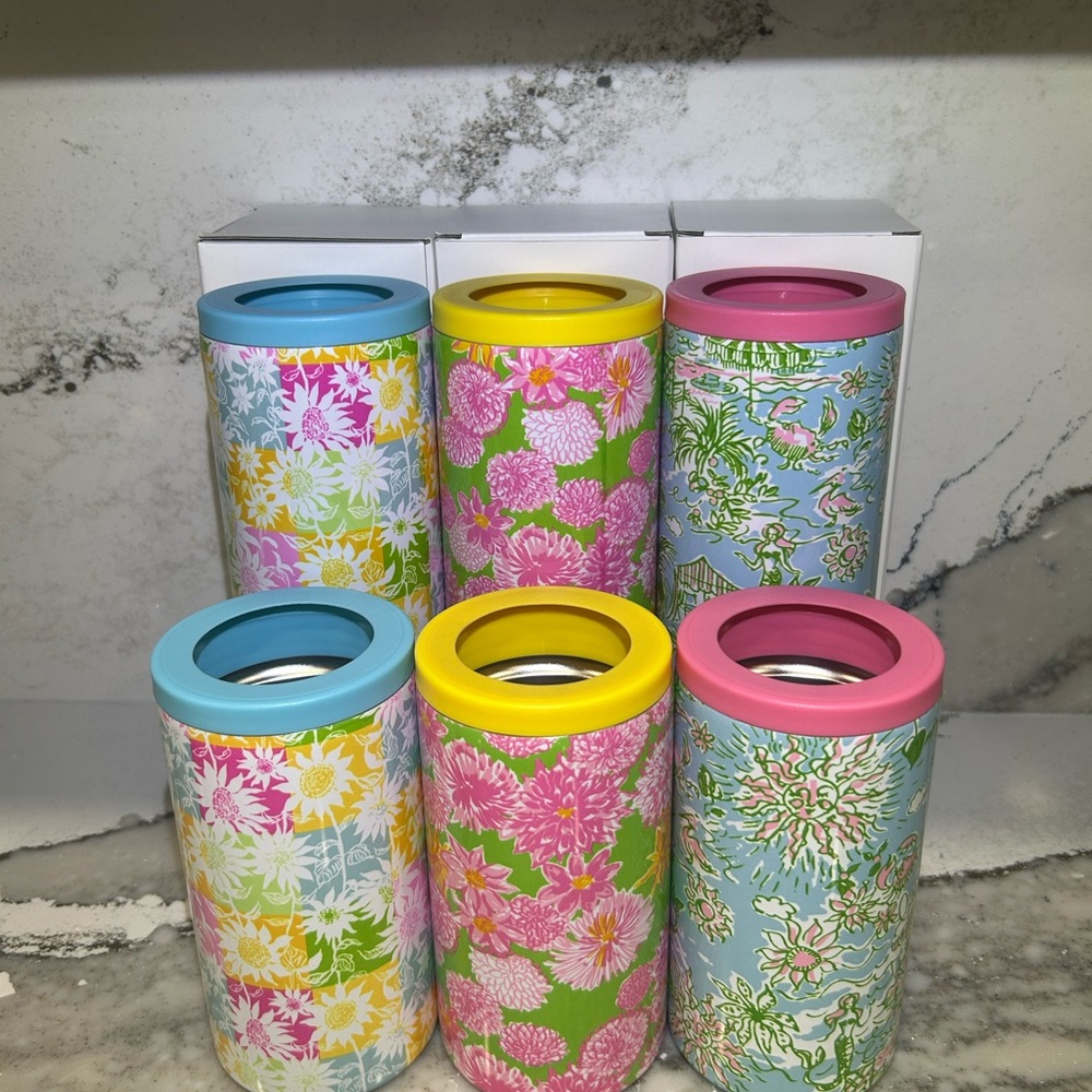 Lilly Pulitzer Floral Can Coolers - Pink, Yellow, Blue Set of 6 New in boxes